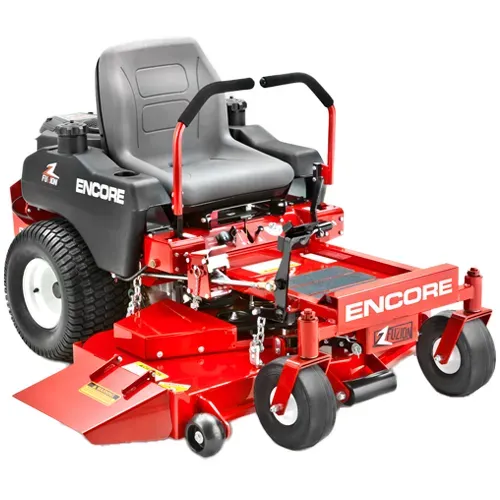 Red Encore zero-turn lawn mower with black seat and red deck on white background
