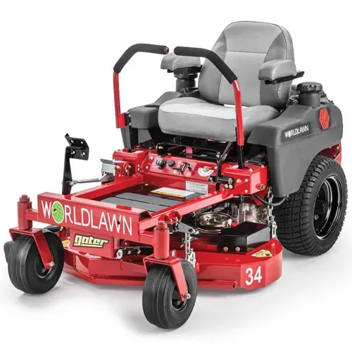 Red Worldlawn zero-turn lawn mower with gray seat and black wheels, front caster wheels visible