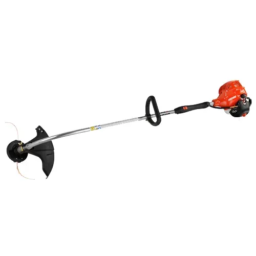 Gas-powered string trimmer with black shaft, orange engine, and cutting blade attachment on white background