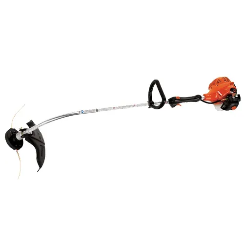 Orange gas-powered string trimmer with curved shaft and black cutting head on white background