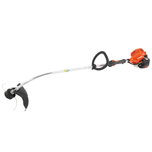 Gas-powered string trimmer with black curved shaft, orange engine, and cutting head on white background