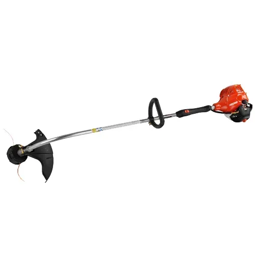 Gas-powered string trimmer with black shaft, orange engine, and black guard on white background