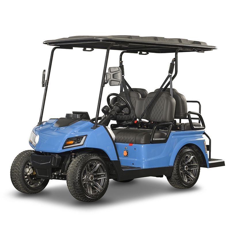 Blue four-seat golf cart with black roof and off-road tires, shown in side view on white background