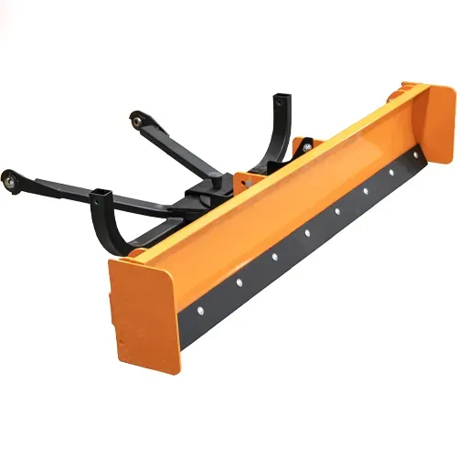 Orange snow plow blade attachment with black mounting arms on a white background