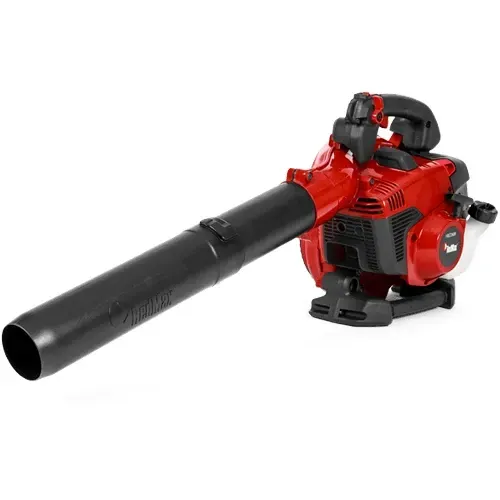 Red handheld leaf blower with long black nozzle on a white background