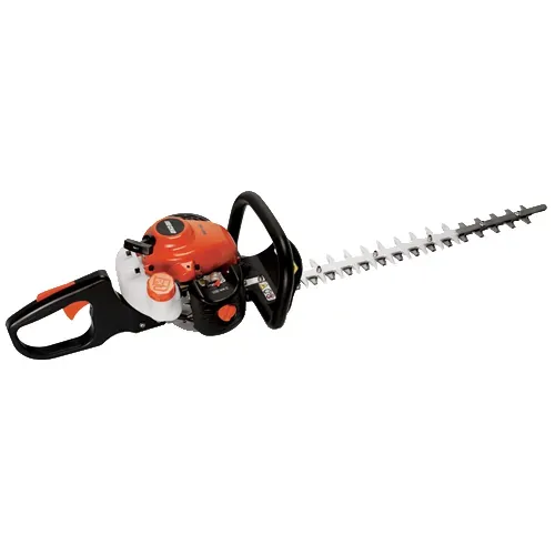 Orange gas hedge trimmer with long silver blade, isolated on white background