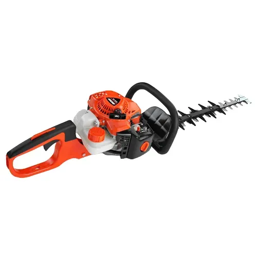 Orange and black gas hedge trimmer with long cutting blade on a white background