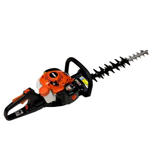 Orange gas-powered hedge trimmer with black handles and long silver blades on a white background