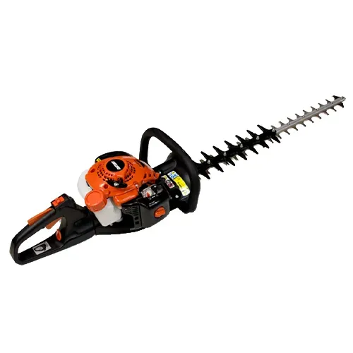 Orange gas hedge trimmer with long black blade on white background