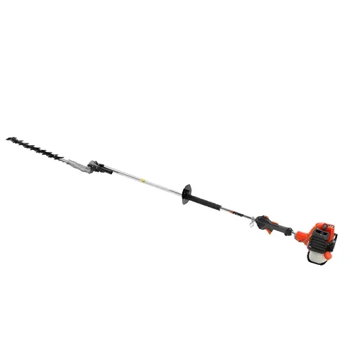 Gas-powered orange hedge trimmer with long black shaft and cutting blade on white background