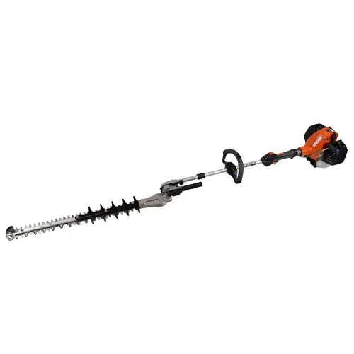 Orange and black hedge trimmer with long cutting blade on white background