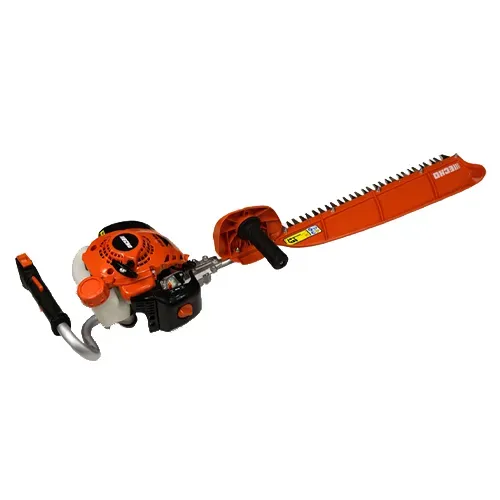 Orange chainsaw with black handle and long blade on a white background