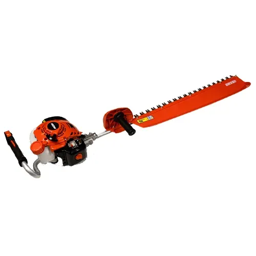 Orange gas-powered hedge trimmer with a long red blade on a white background