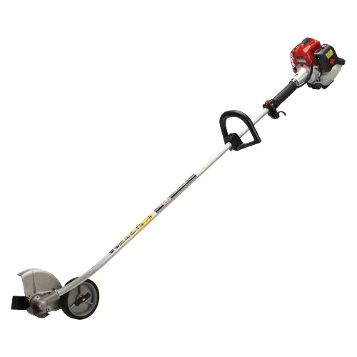 Red gas-powered string trimmer with a long shaft and cutting head on white background