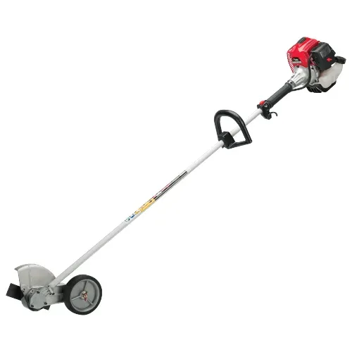 Gas-powered string trimmer with red engine and gray cutting head on white background