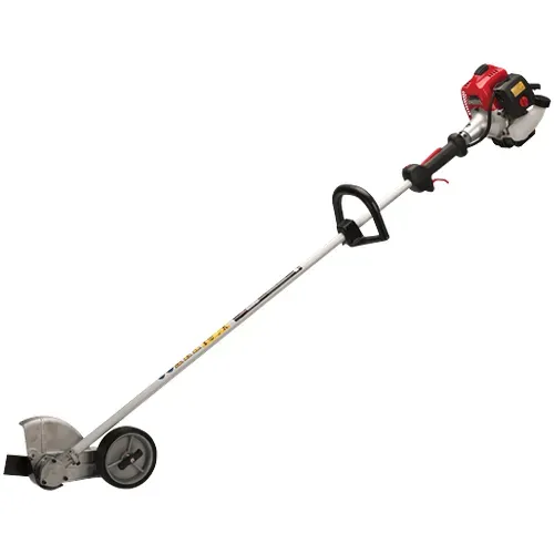 Gas-powered string trimmer with red engine and silver shaft on a white background