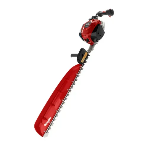 Red electric hedge trimmer with long blade and black handle on white background