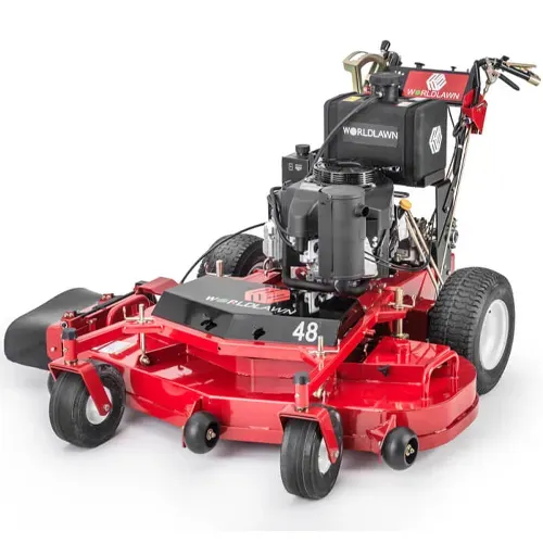 Red and black commercial zero-turn lawn mower on a white background