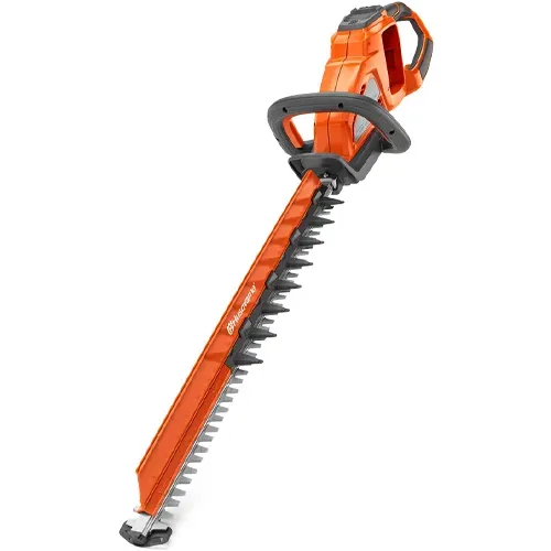 Orange cordless hedge trimmer with black handle and long serrated blade on white background