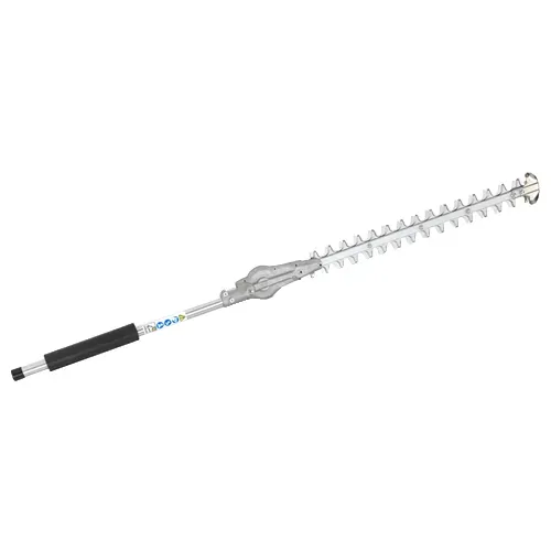 Long white pole saw with black handle and serrated blade, shown diagonally on a white background