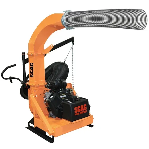 Orange SCAG leaf vacuum with black engine and gray flexible hose on white background