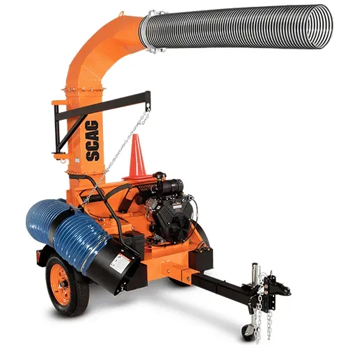 Orange SCAG leaf vacuum trailer with large gray hose and blue intake tube on white background