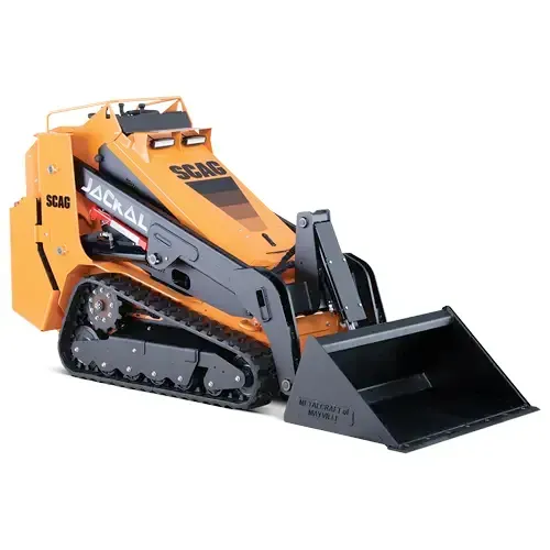 Orange and black compact tracked skid steer loader with front bucket, isolated on white background