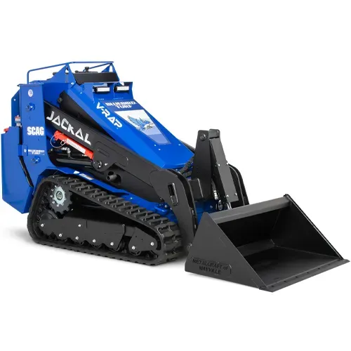 Blue and black compact track loader with front bucket on a white background