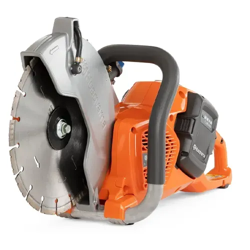 Orange and gray gas-powered cut-off saw with circular blade and handle