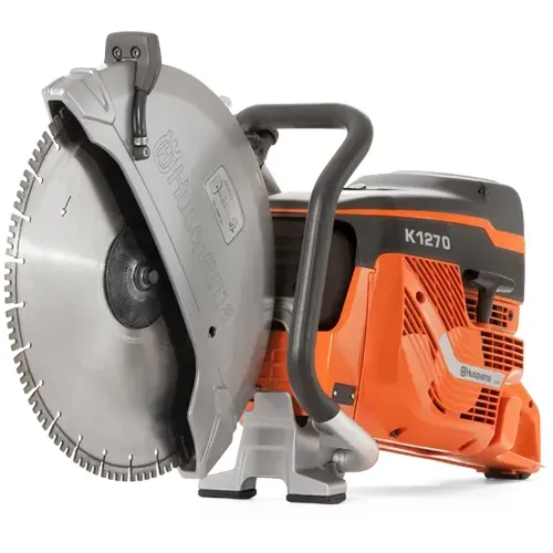 Orange and black concrete cutoff saw with large silver blade on white background