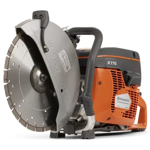 Orange and gray Husqvarna K770 concrete cut-off saw with large circular blade