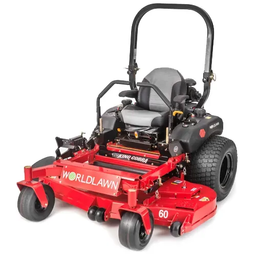 Red WorldLawn zero-turn riding mower with front caster wheels on a white background