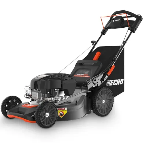 Black ECHO gas-powered lawn mower with orange accents and bagger attachment on a white background