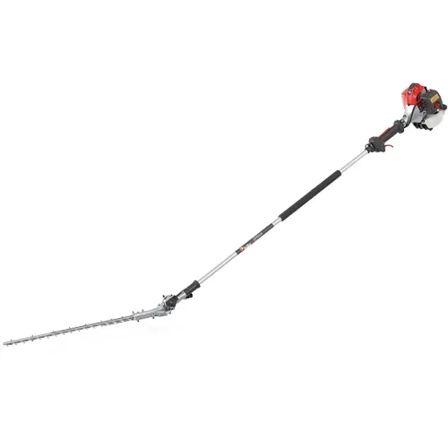 A long black-and-silver pole saw with a red motorized head on a white background