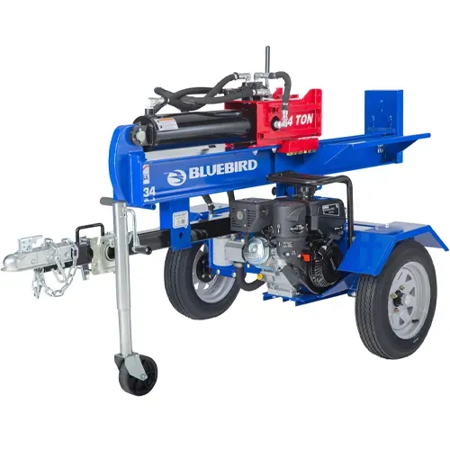 Bluebird towable hydraulic log splitter with blue frame, red engine, and hitch on wheels