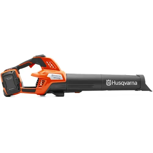 Orange and black Husqvarna cordless leaf blower on a white background