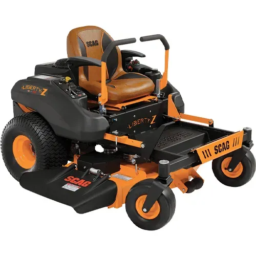 Orange and black SCAG zero-turn lawn mower with front caster wheels and yellow seat on white background