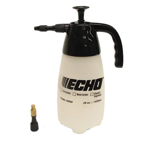 Black-and-white Echo garden sprayer with pump handle and brass nozzle attachment
