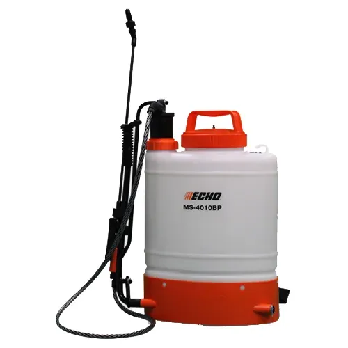 White and orange backpack sprayer with hose and wand, shown on a plain background
