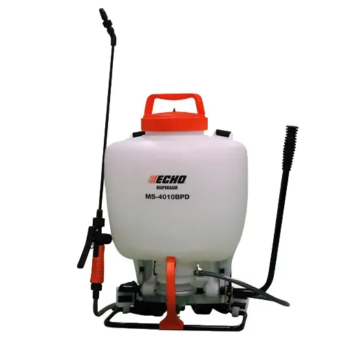 White ECHO backpack sprayer with orange handle and black wand on a plain background
