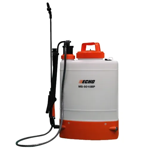Orange and white backpack sprayer with black wand and hose on white background