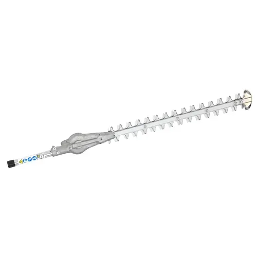 Long metal auger with a black and blue handle on a white background