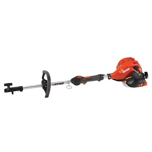 Orange electric string trimmer with black handle and shaft on a white background