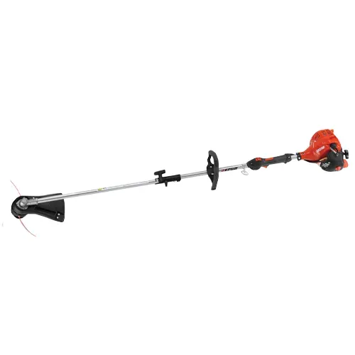 Orange and black string trimmer on a white background, with shaft, handle, and cutting head