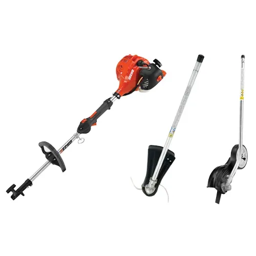 Red gas string trimmer with attachments shown on a white background