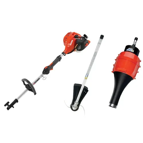 Three orange-red gas-powered handheld trimmers and attachments on a white background