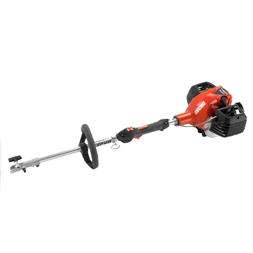 Red and black string trimmer with long shaft and handle on a white background