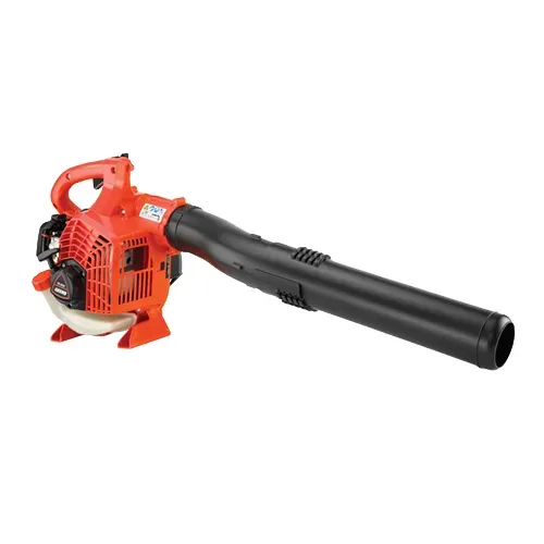 Red handheld leaf blower with black tube on a white background