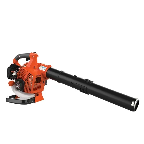 Orange leaf blower with long black nozzle on a white background