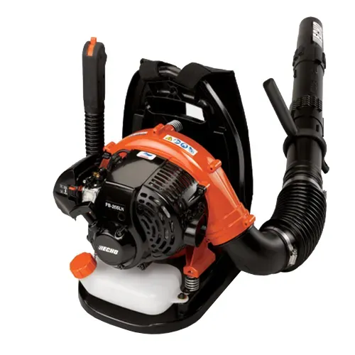 Orange and black backpack leaf blower with curved hose and engine on white background